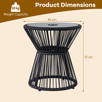 Outdoor Side Table with LED Warm Light, PE Rattan Hourglass-Shaped End Table with Tempered Glass Top