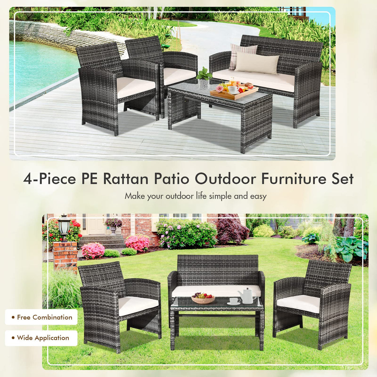 4PCS Patio Rattan Furniture Set Conversation Glass Table Top Cushioned Sofa