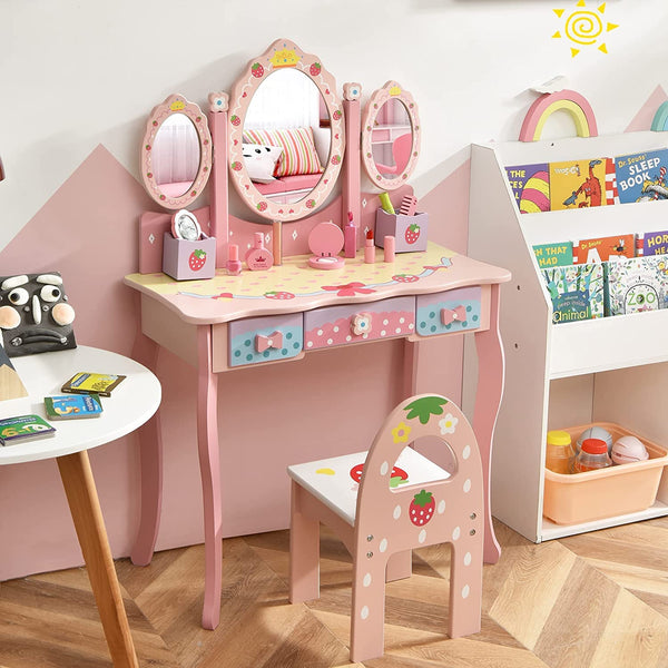 Kids Princess Vanity Table & Chair Set with 360° Rotating Mirror