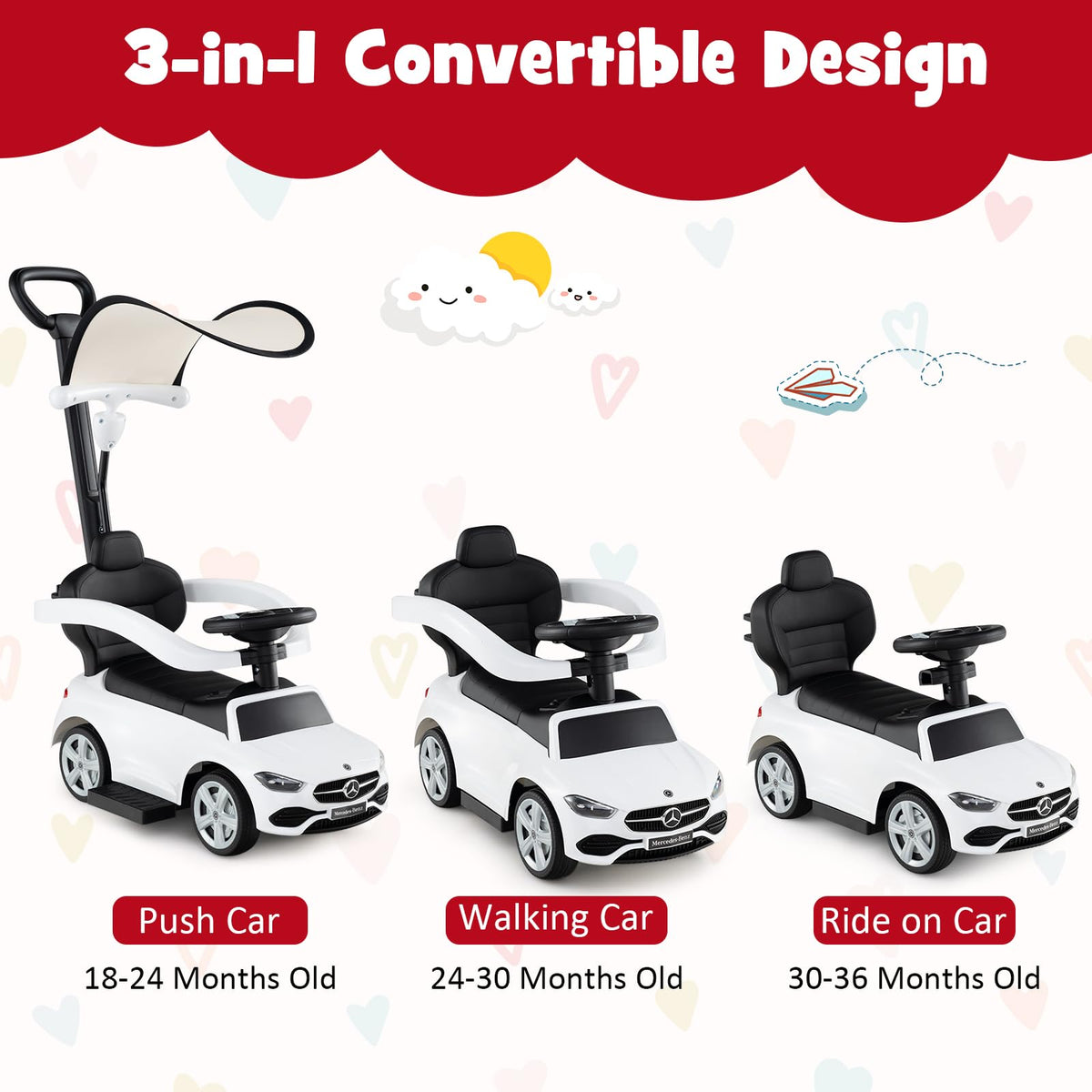 3-in-1 Ride on Push Car with Adjustable Canopy and Steering Push Bar