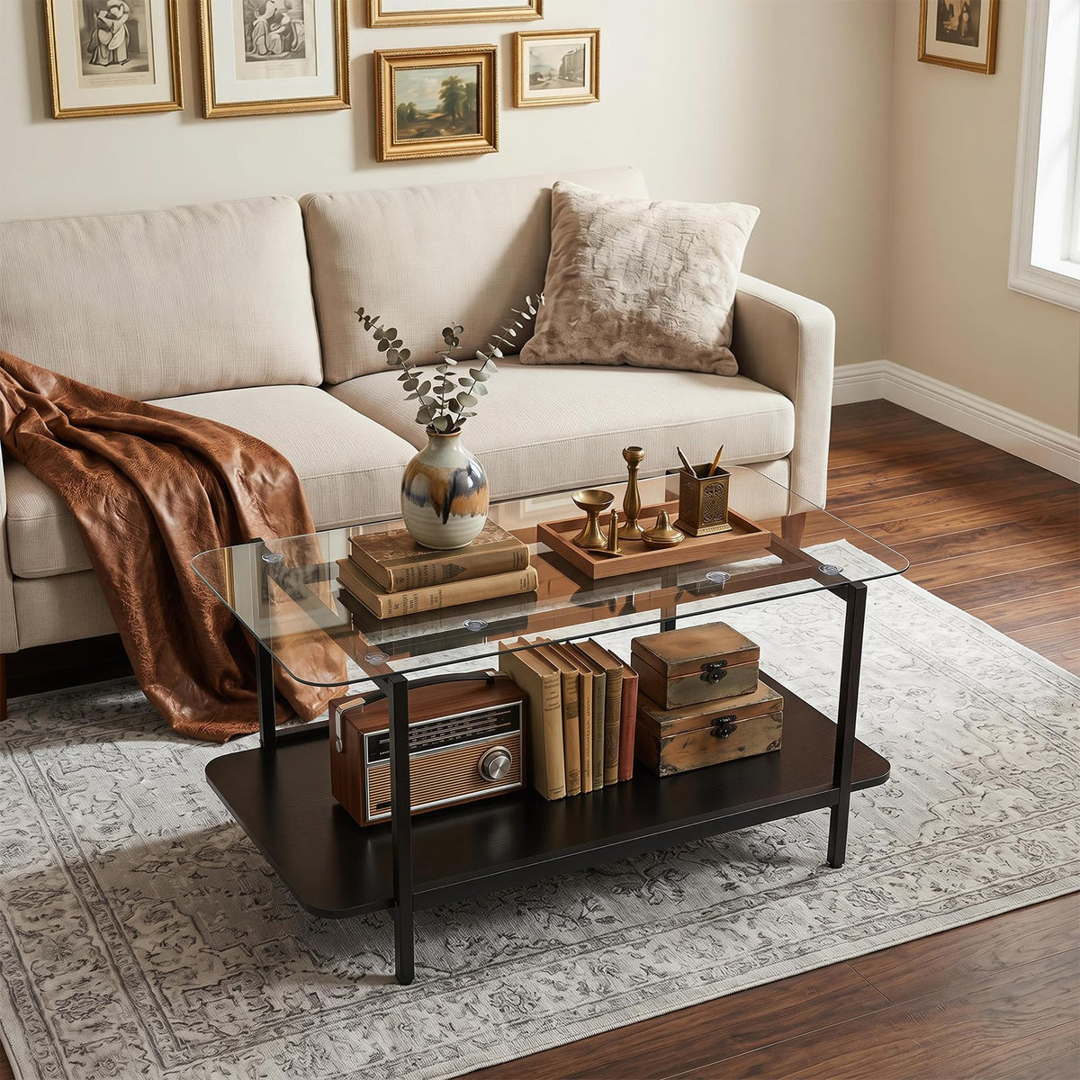 2-Tier Tempered Glass Coffee Table 95cm with Storage Shelf for Living Room
