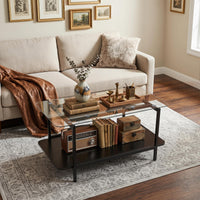 2-Tier Tempered Glass Coffee Table 95cm with Storage Shelf for Living Room