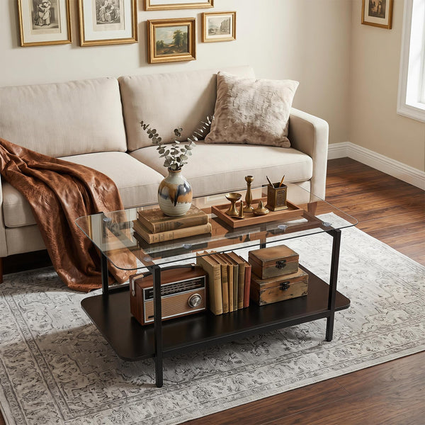 2-Tier Tempered Glass Coffee Table 95cm with Storage Shelf for Living Room
