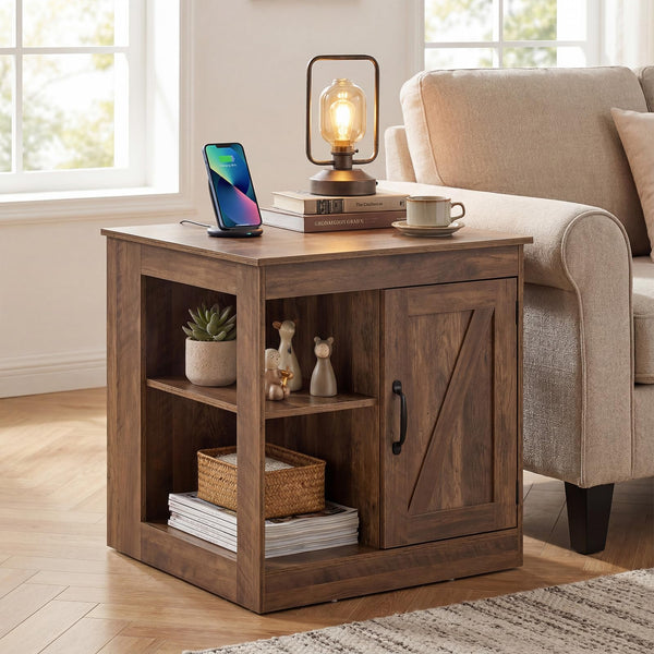 Giantex Farmhouse Nightstand with Charging Station, Bedside Table