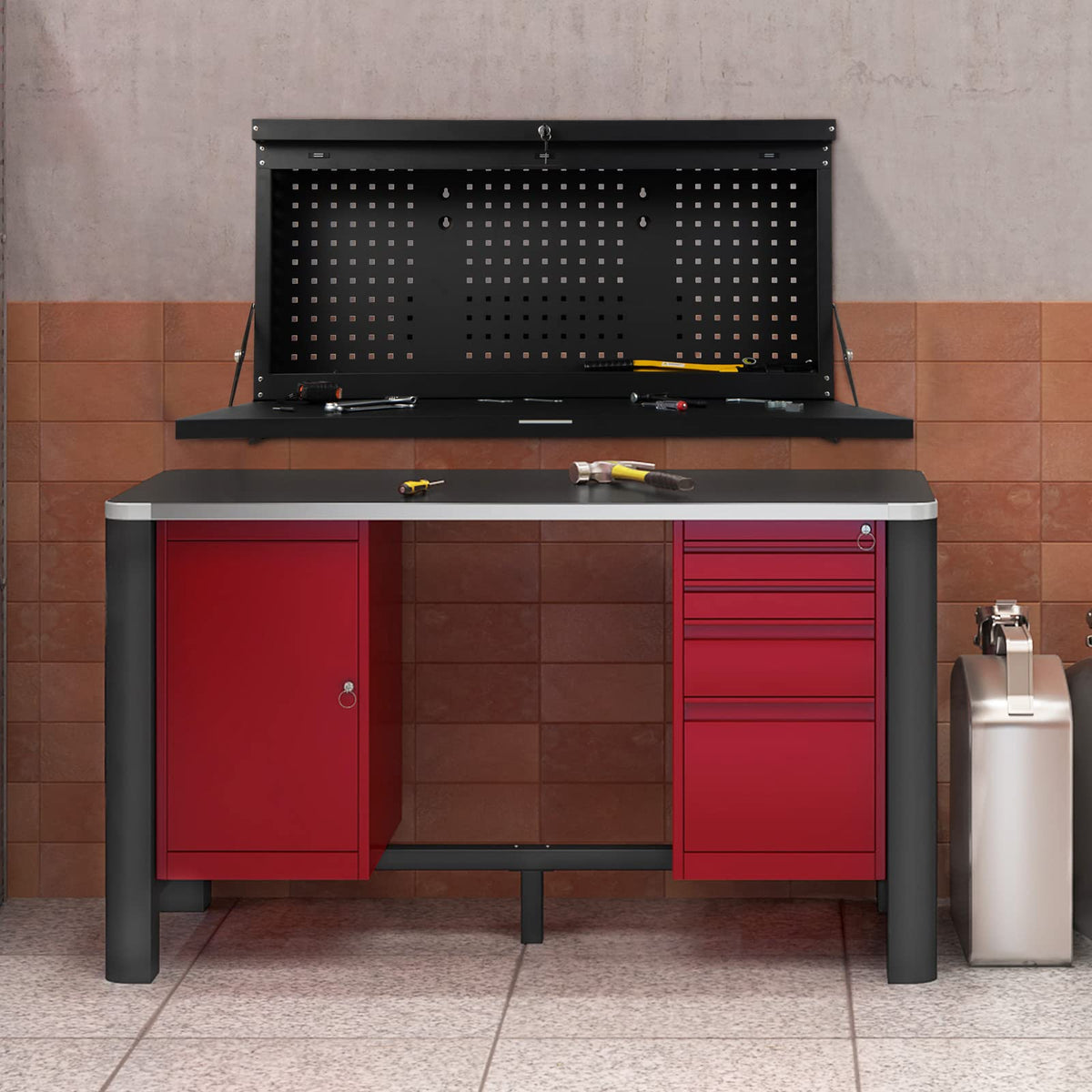 2-in-1 Wall Control Pegboard Tool Organizer with Large Tabletop for Garage