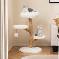 Modern Wood Branch Cat Tree with Jute Scratching Post and Padded Perch