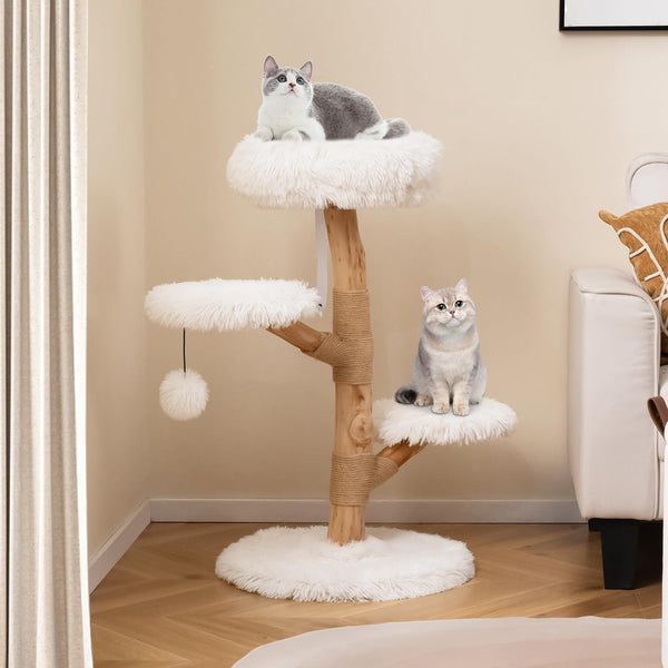 Modern Wood Branch Cat Tree with Jute Scratching Post and Padded Perch