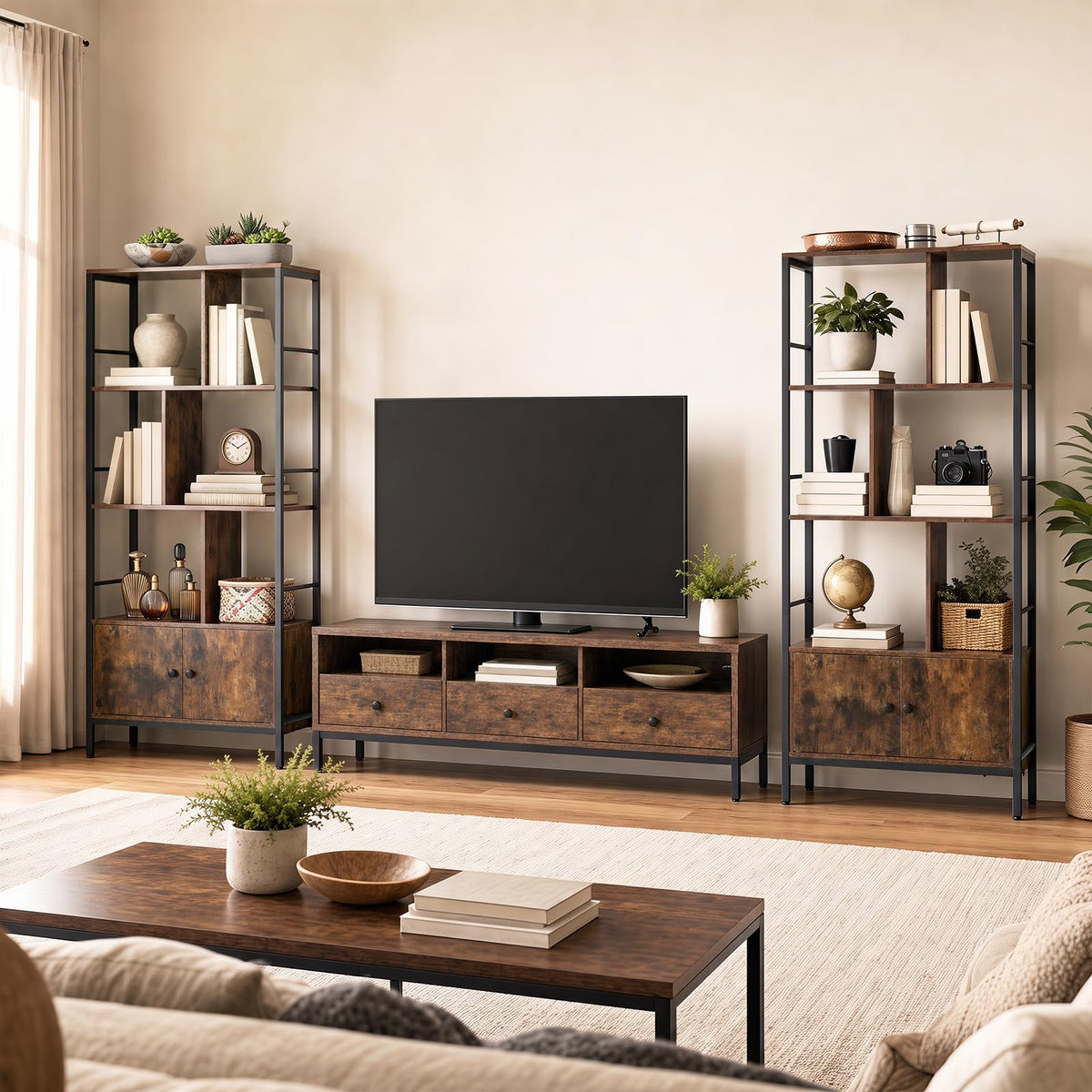 Industrial Tall Bookshelf with 3-Tier Shelves and 2-Door Cabinet for Living Room