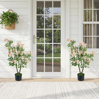 36" Artificial Impatiens Blossom Tree, Faux Pink Floral Plant in Cement-Filled Pot