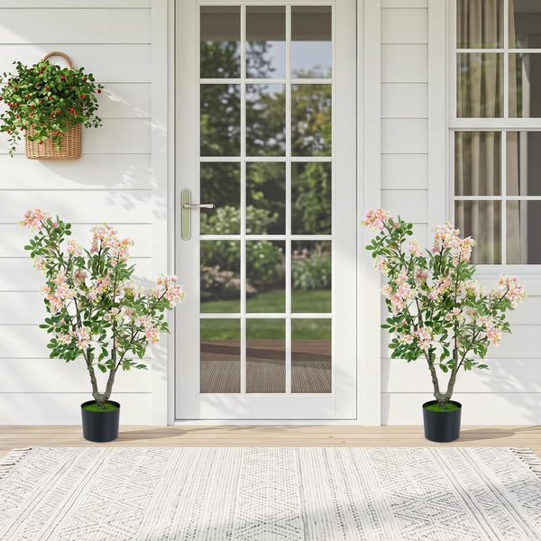 36" Artificial Impatiens Blossom Tree, Faux Pink Floral Plant in Cement-Filled Pot