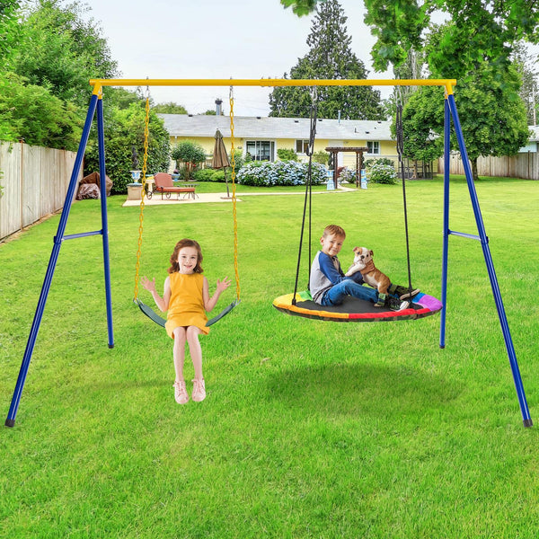 2 Seat Swing Frame for Kids, Children Heavy-Duty Metal Swing Stand w/Ground Stakes