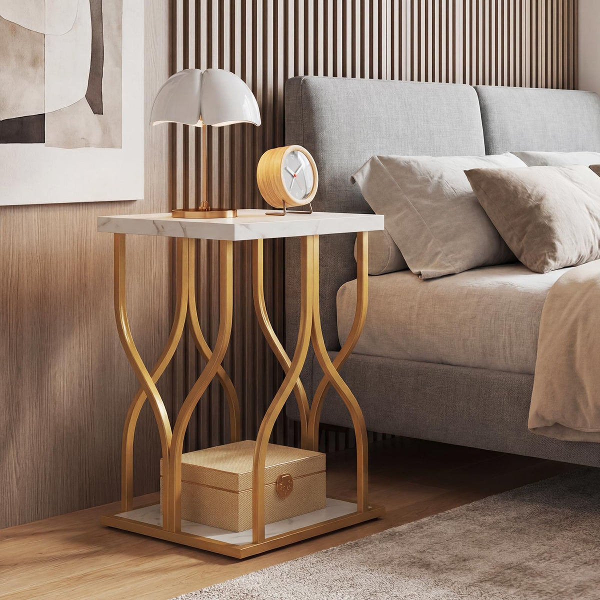 Faux Marble Bedside NightStand with Storage Shelf and Petal-Inspired Metal Frame