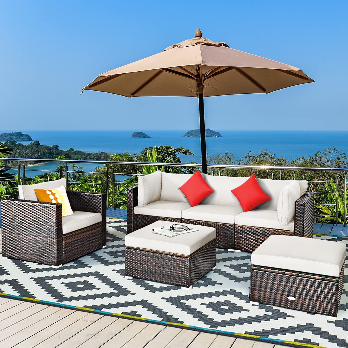 6 Pieces Patio Rattan Sectional Furniture Set, Outdoor Wicker Conversation Set with Glass Coffee Table Sofa Ottoman