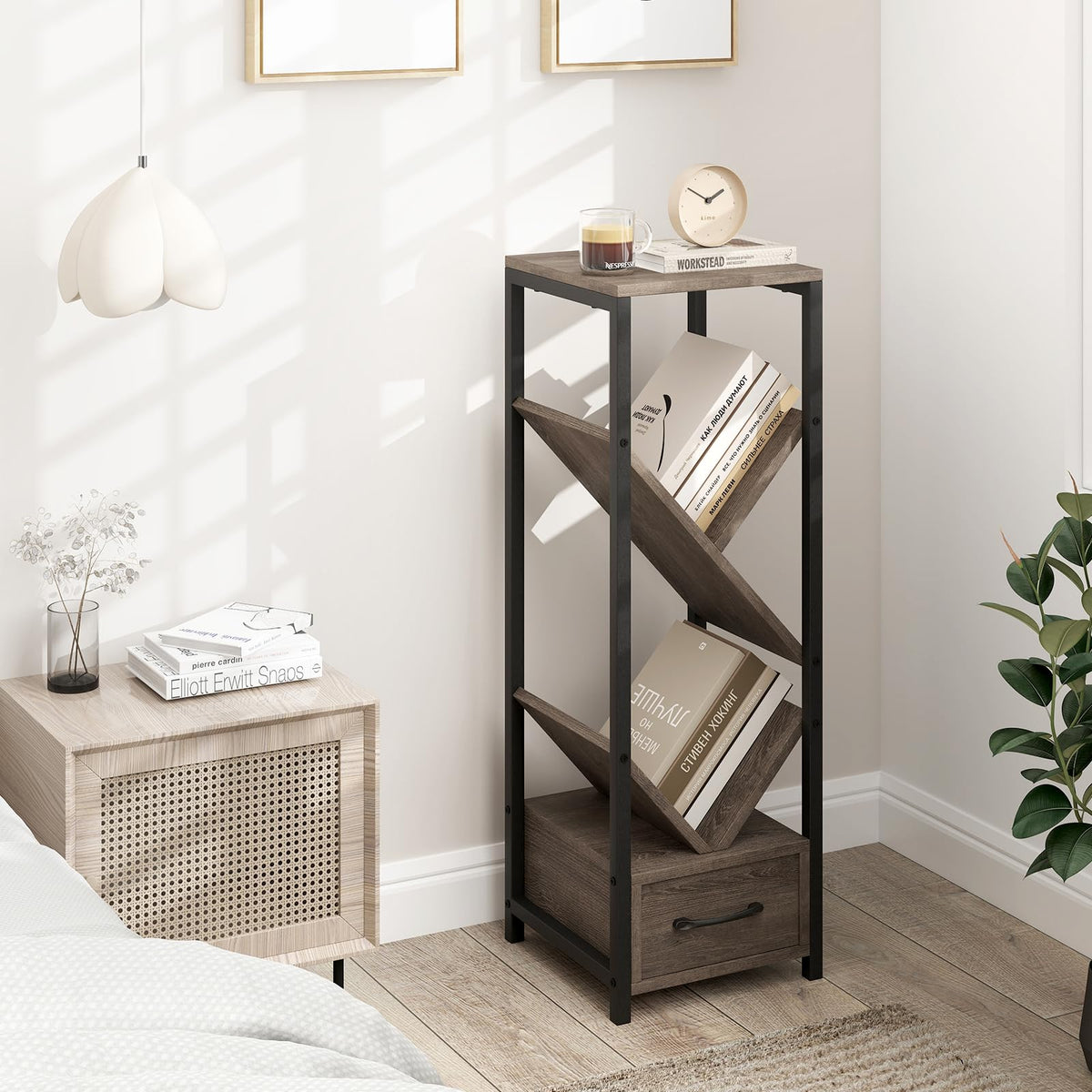 Tree Bookshelf 4 Tier Floor Standing Storage Organizer Tall Narrow Bookcase