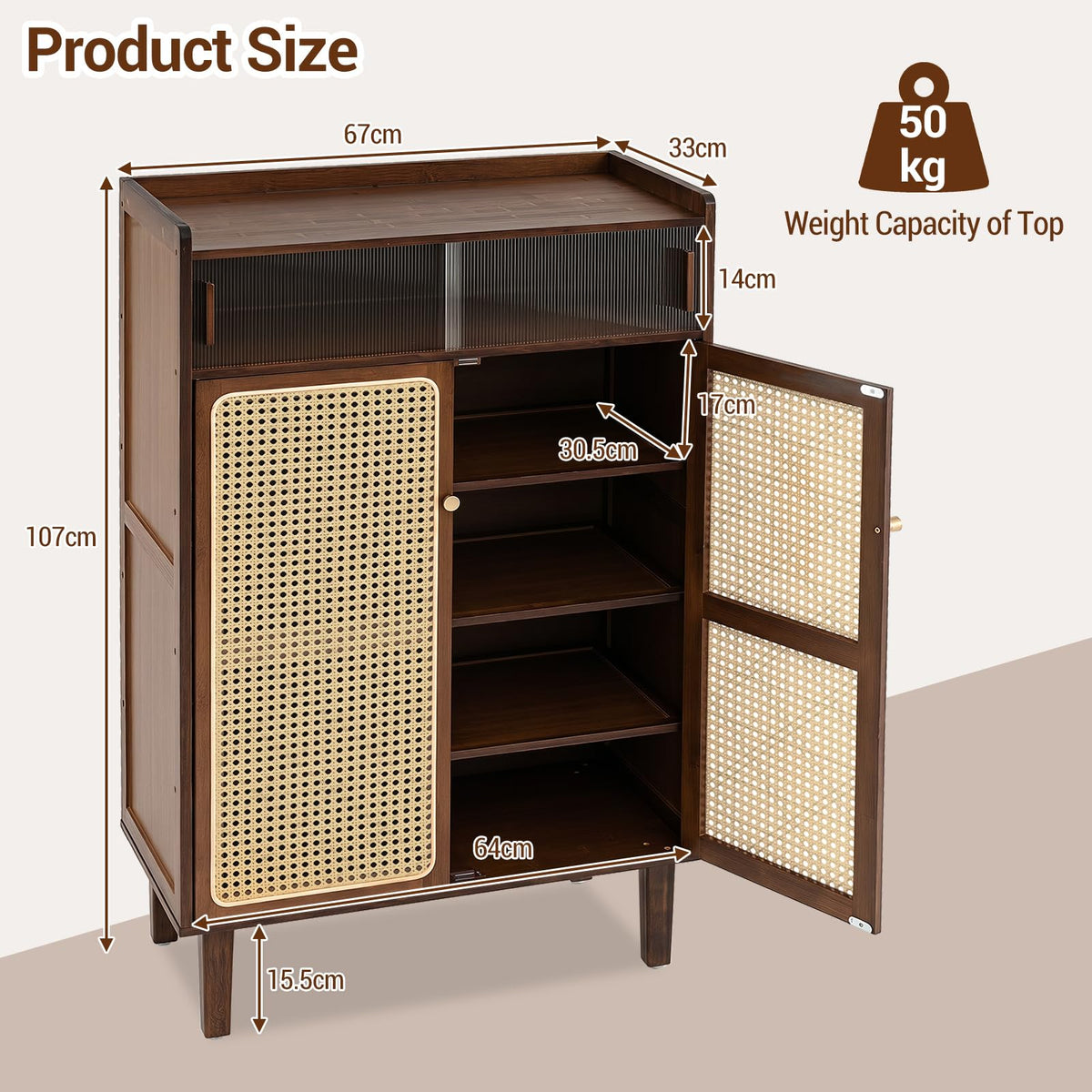 Bamboo Shoe Cabinet with Woven Rattan Doors for Entryway
