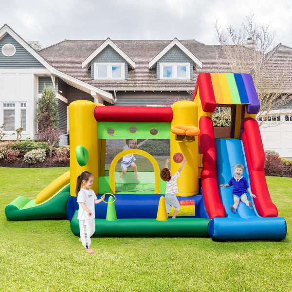 7-In-1 Inflatable Bounce House, Rainbow Jumping Castle w/Ball Pit With 680W Blower