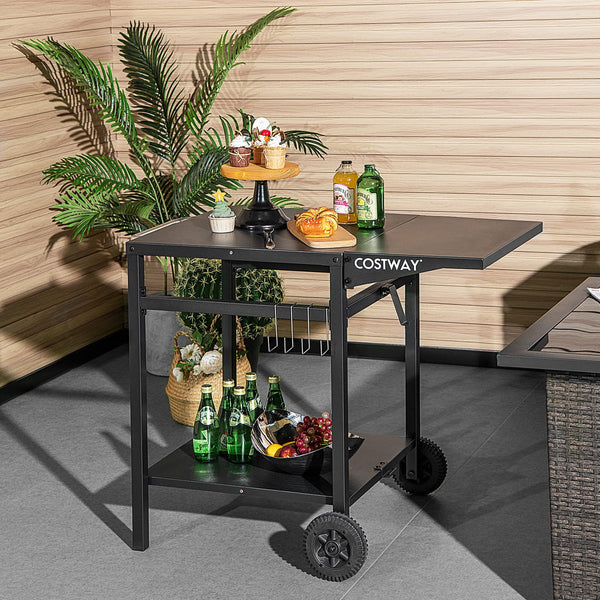 Movable Dining Cart Table, Double-Shelf Trolley with Folding Tabletop