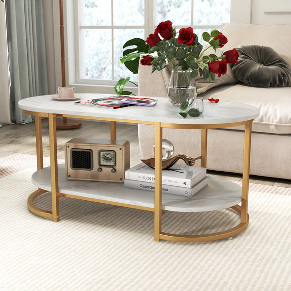 Giantex Faux Marble Coffee Table, Modern 2-Tier Center Table with Open Shelf