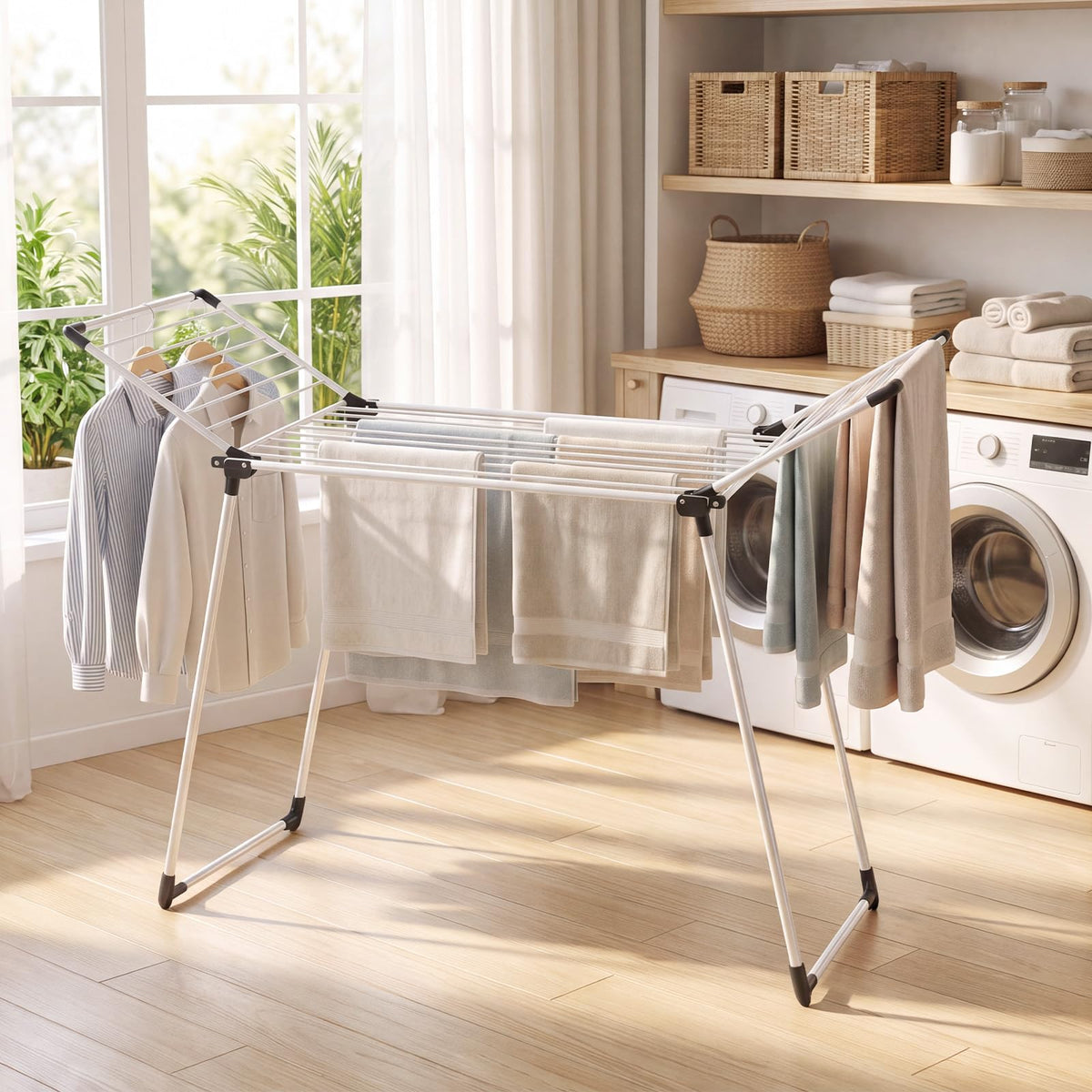 Foldable Laundry Rack with 2 Gullwings and Heavy Duty Metal Frame for Laundry Room