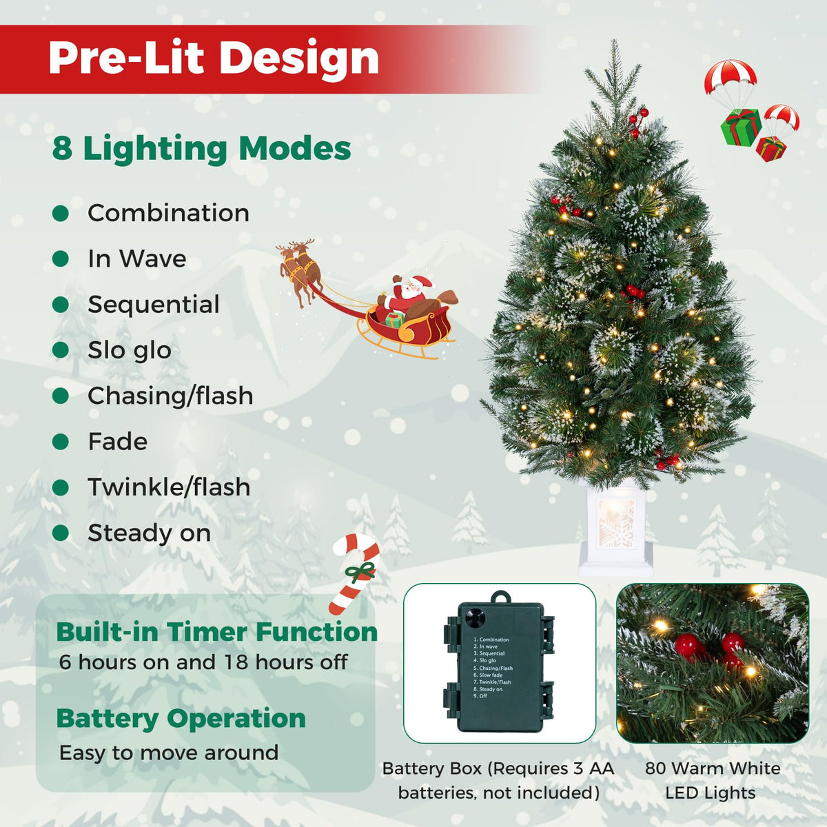 90cm Pre-Lit Potted Christmas Tree with 80 Warm White LED Lights