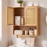 Bamboo Bathroom Wall Cabinet with Towel Rack and Rattan for Bathroom