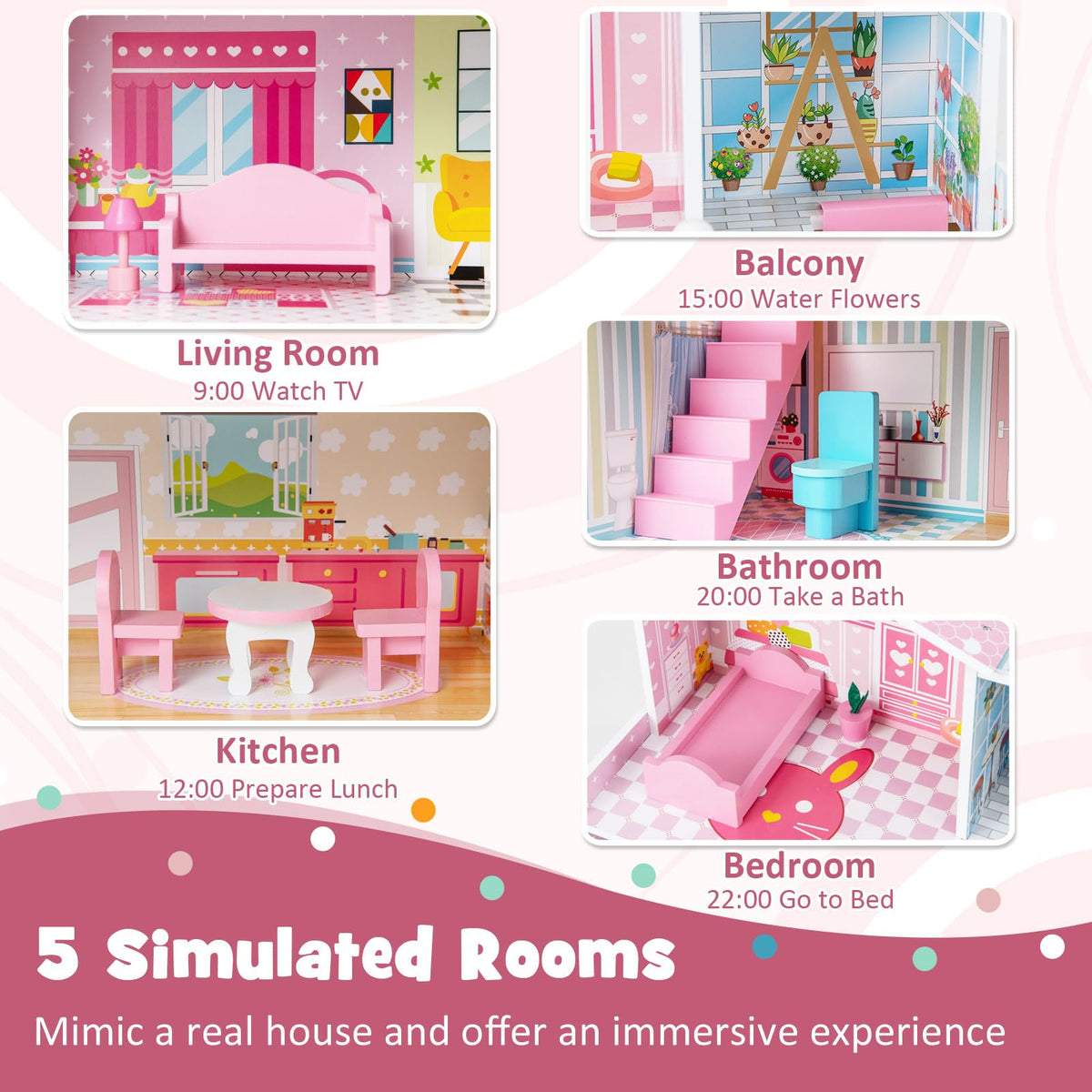 Kids Wooden Dollhouse with 5 Simulated Rooms & 10 Pieces of Furniture