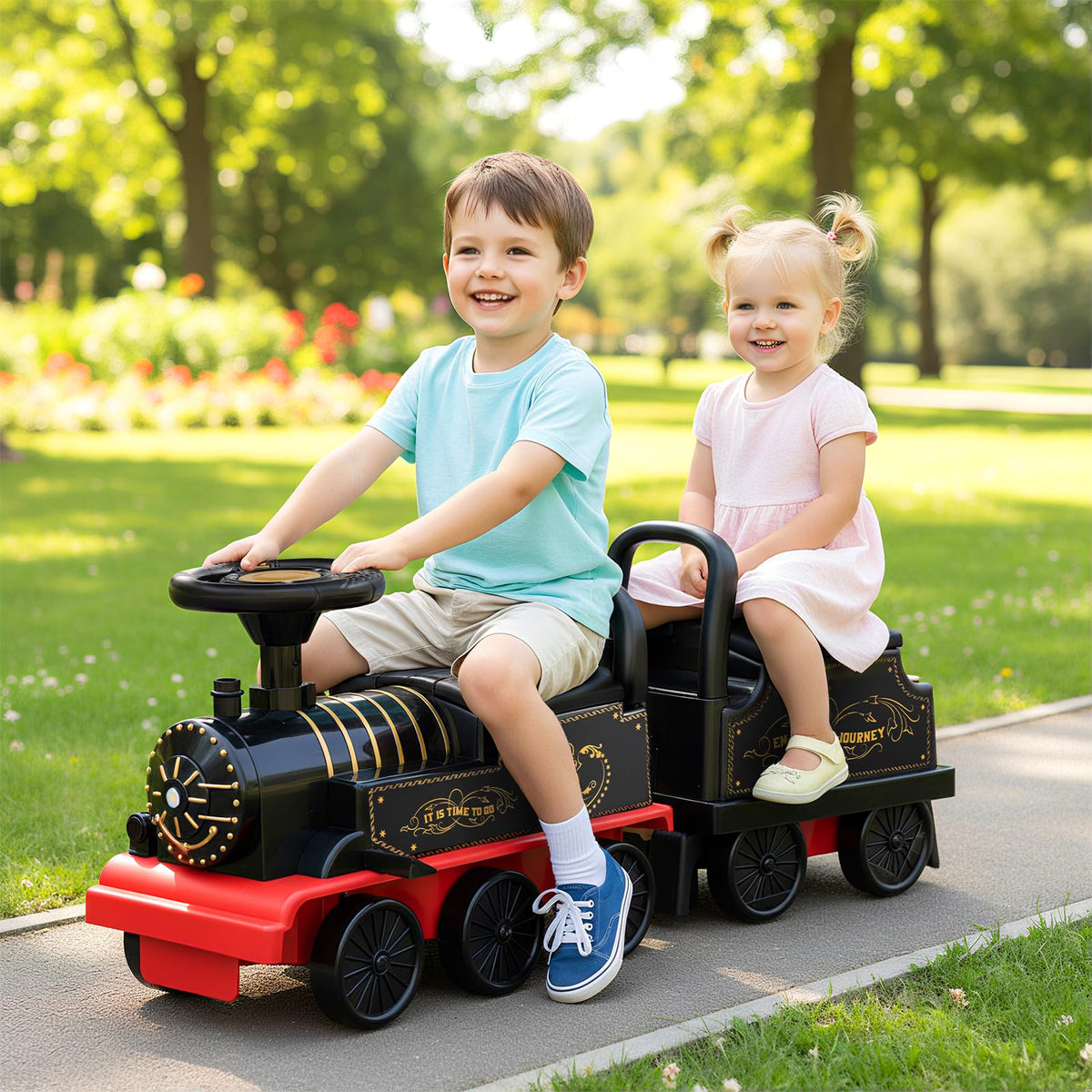 Ride on Train with Carriage, 6V 2-Seater Battery Powered Ride on Toy with Under-Seat Storage