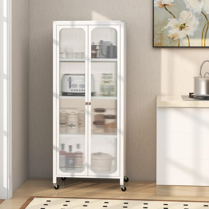 Giantex Glass Doors Storage Cabinet w/Wheels, Mobile 2 Doors Food Pantry Cupboard Cabinet