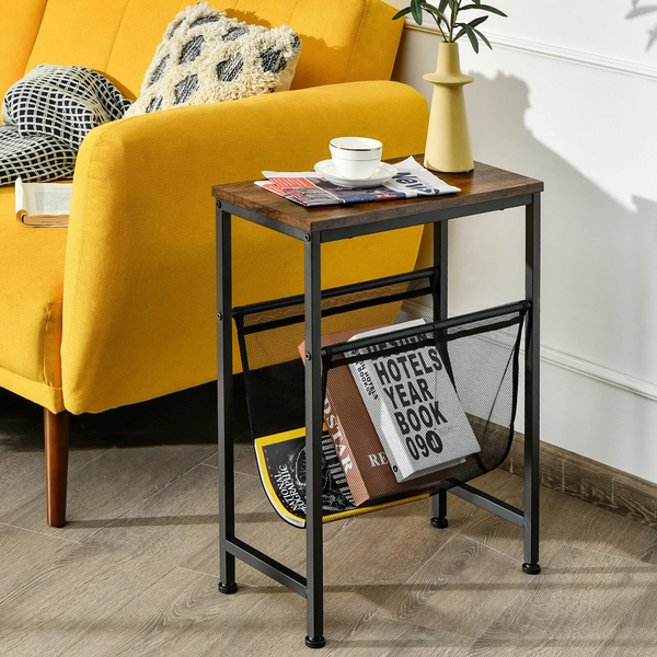 Giantex Industrial End Table, 2-Tier Narrow Small Side Accent Table with Mesh Magazine Holder Sling