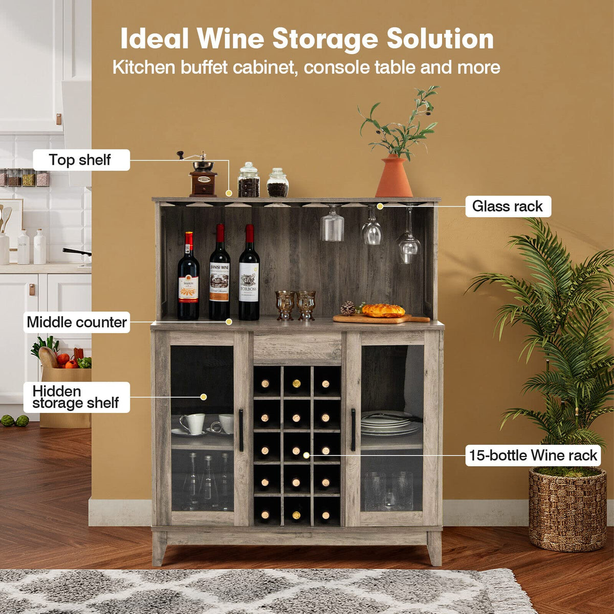 Giantex Freestanding Kitchen Buffet Cabinet, Wood 2-Door Sideboard w/Detachable Wine Rack & Glass Holder