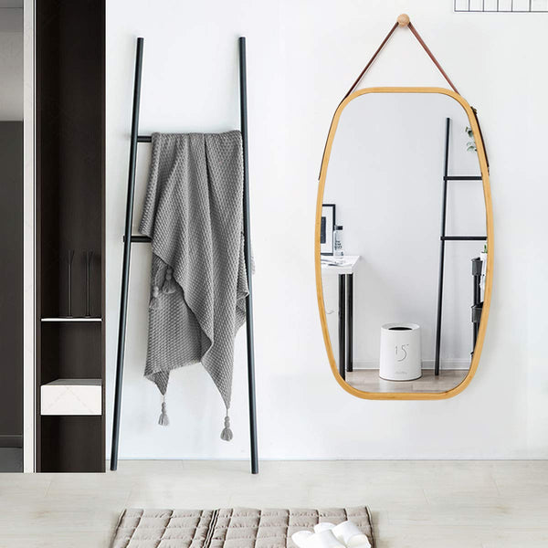 Giantex Wall Hanging Mirror, Bathroom Full Length Mirror, Hanging Wall-Mounted Mirror w/ Bamboo Frame