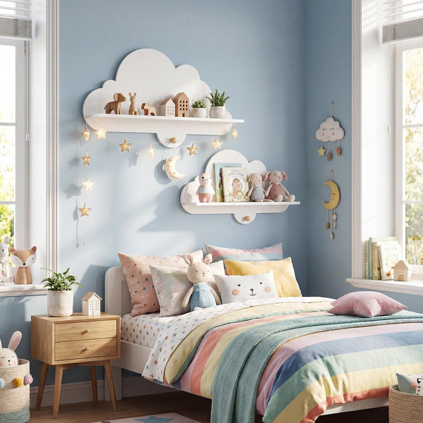 Cloud Shape Wall Shelves with Hooks for Kid Room and Nursery Decor