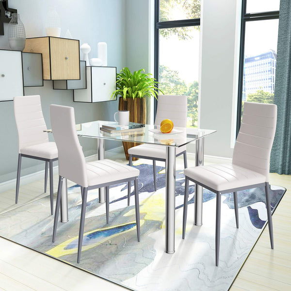 Giantex 5Pcs Dining Table Set w/Tempered Glass Top & High Backrest Chair, Steel Frame Table & 4 Leather Chairs