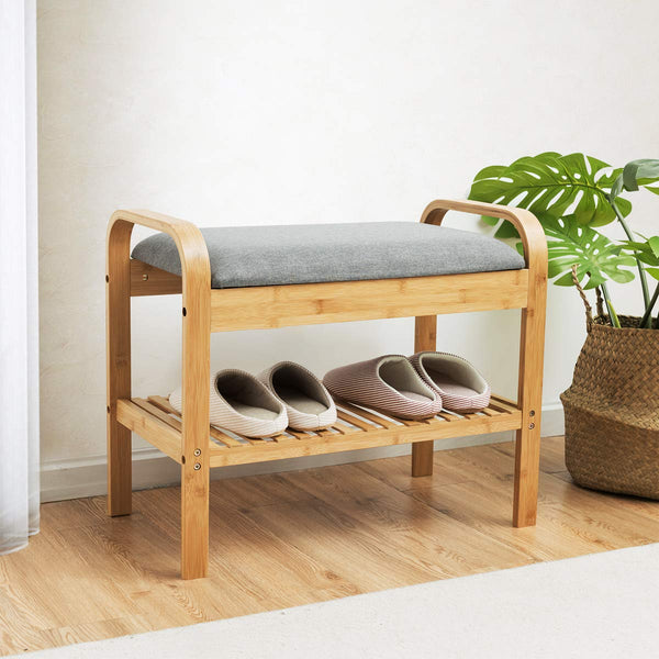 Giantex Shoe Rack Bench, Bamboo Shoe Rack with Cushioned Seat and Storage Space, Padded Seat Shoe Bench w/Storage Shelf