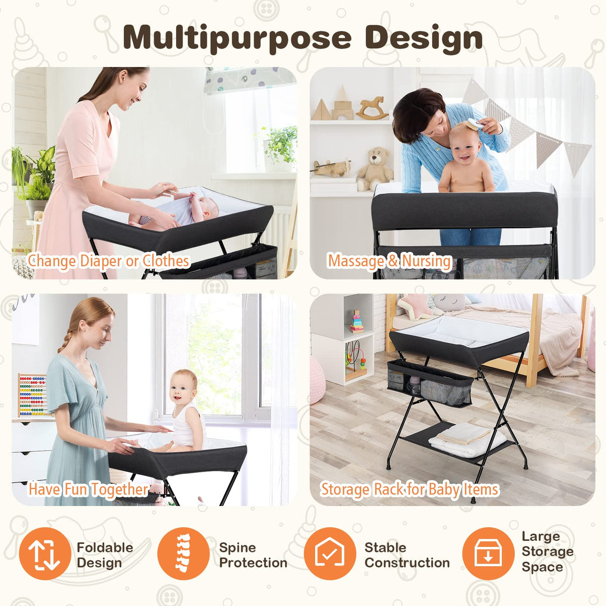 Folding Baby Change Table with Storage Basket & Shelf for Infant & Toddler