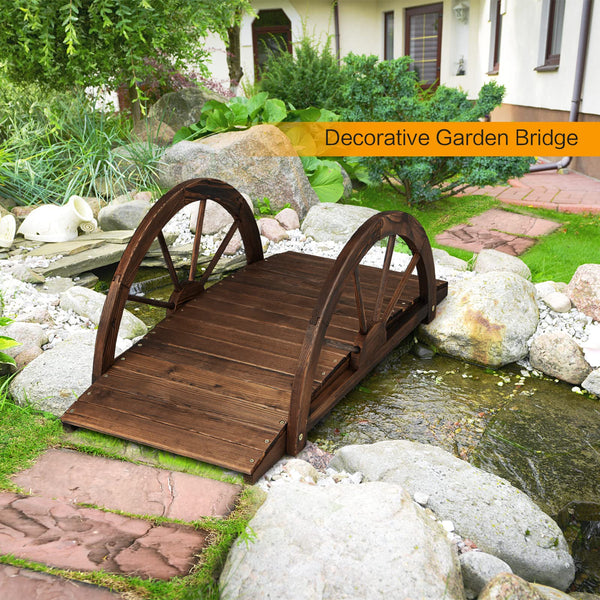 3.3 FT Wooden Garden Bridge, Carbonized Fir Wood Arc Bridge W/Wheel-Shaped Safety Railings