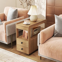 Narrow End Table, Modern 2-Drawer Sofa Side Table with Open Shelves