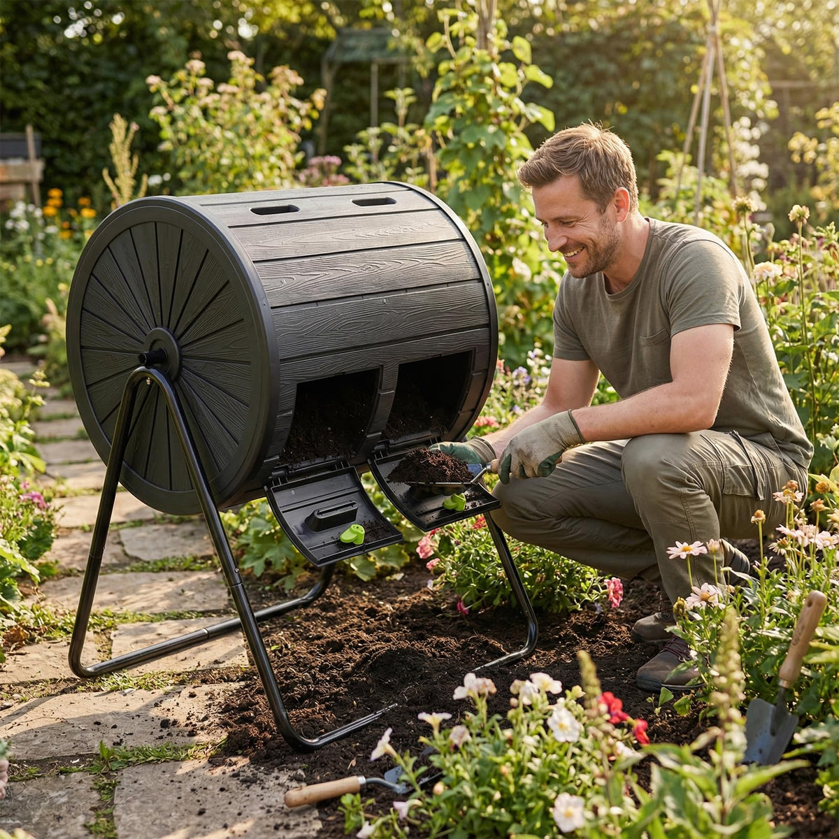 Compost Tumbler, 142L Large Outdoor Compost Bin w/Dual Chambers