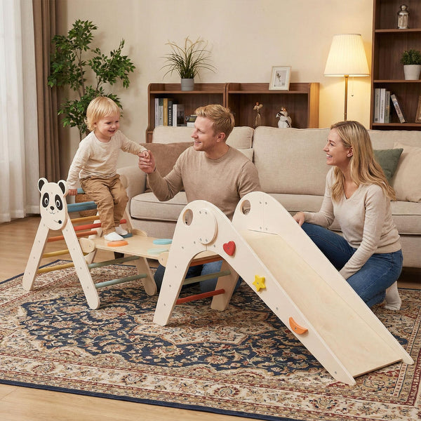 Foldable Panda-Themed Wood Montessori Climbing Set, Indoor Children Playground Jungle Gym