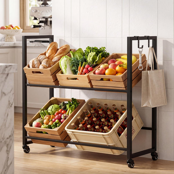 Giantex 2-Tier Drink Crate Rack, Rolling Bottle Crate Shelf with 4 Universal Wheels, 2 Hooks, 2 Tilt Angles for Beer
