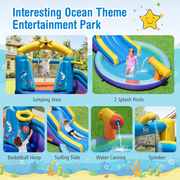 Inflatable Water Slide, Inflatable Water Park Jumping Castle w/2 Splash Pools, Basketball Hoop (Without Blower)