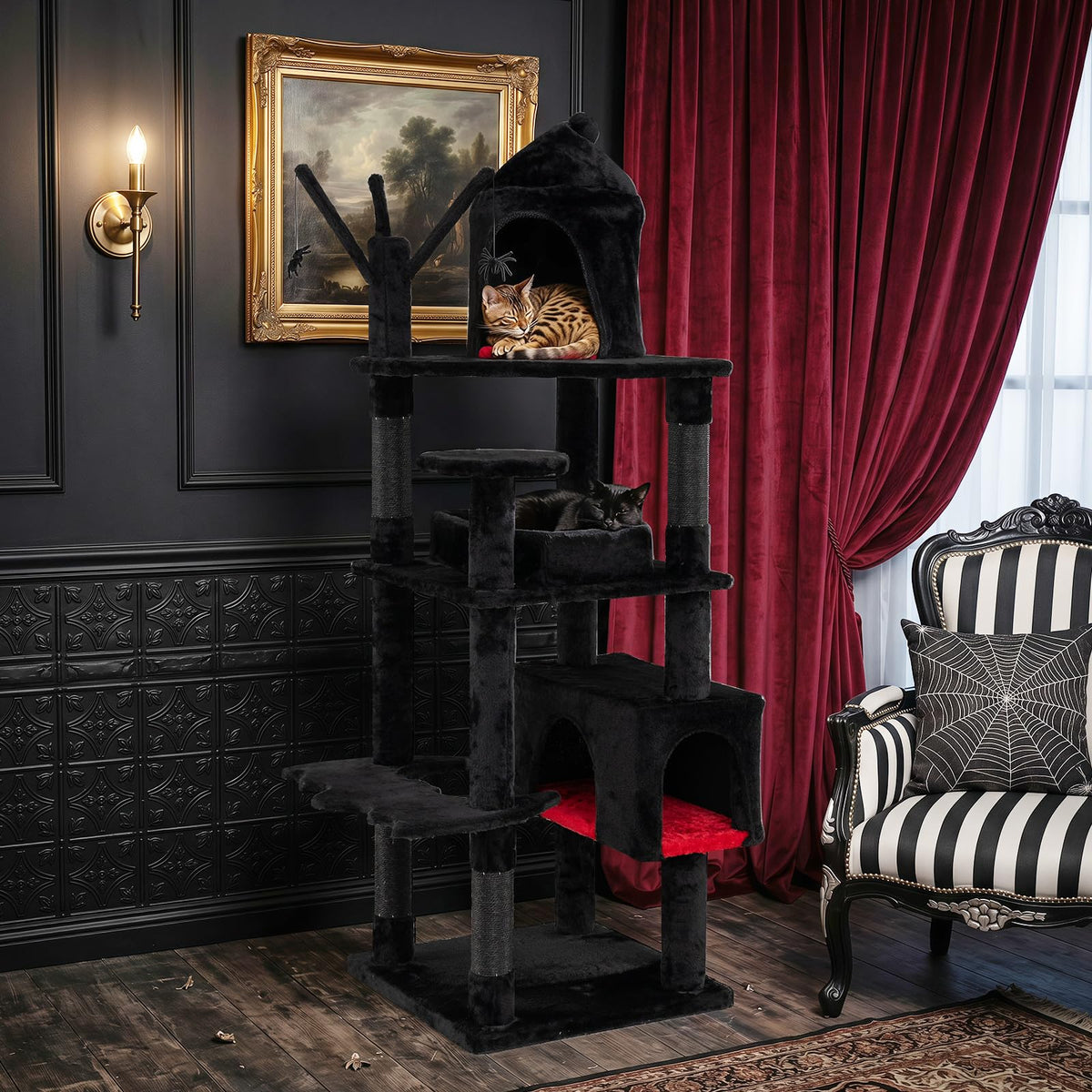 153cm Gothic Cat Tree for Indoor Cats with Castle House and Spider Hanging Balls