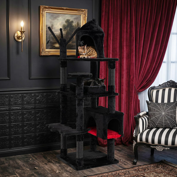 153cm Gothic Cat Tree for Indoor Cats with Castle House and Spider Hanging Balls