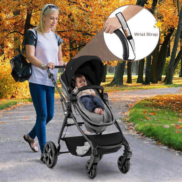 High Landscape Baby Stroller, 2 in 1 Convertible Baby Pram Jogger with Adjustable Canopy & Backrest