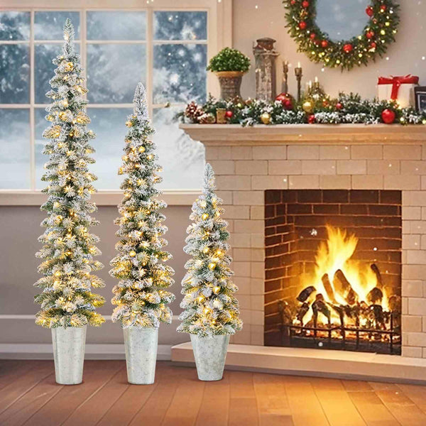 Set of 3 Snow-Flocked Christmas Tree with Silver Metal Buckets for Decoration