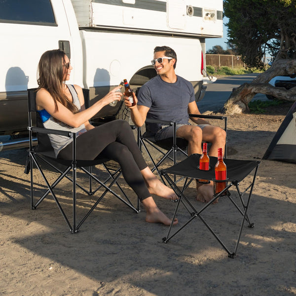 Folding Camping Chair Set of 3, Portable Lawn Chair & Side Table w/ 2 Cup Holders