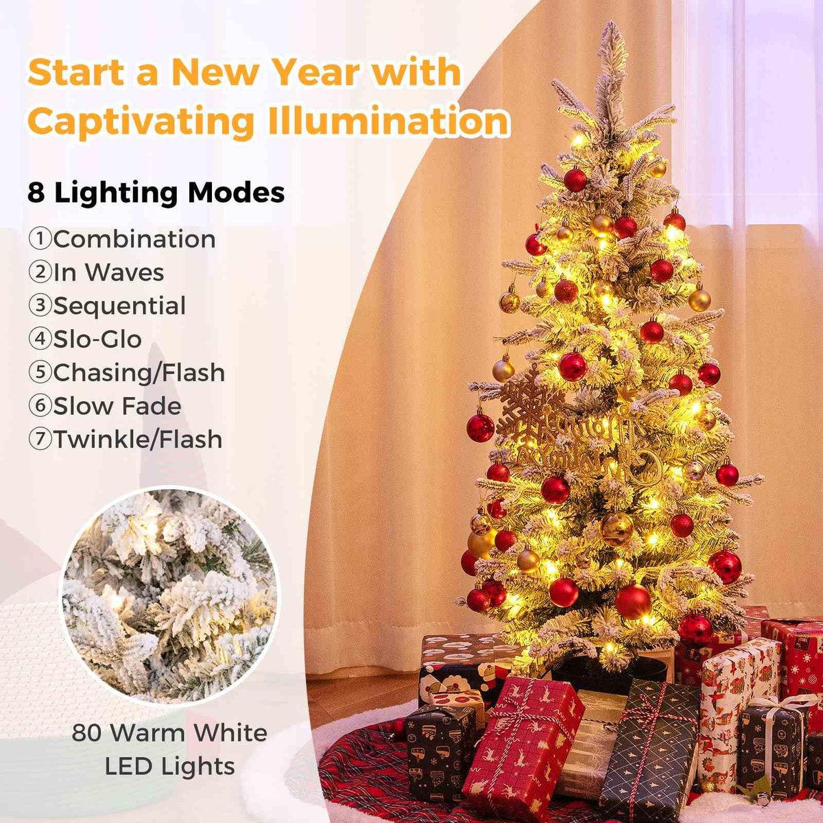 120CM Artificial Christmas Tree Potted with 176 Branch Tips PE and 8 Lighting Modes