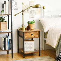 Nightstand End Table, 2-Tier Bedside Table w/Open Shelf & Drawer, Metal Frame, Rustic Brown, 40x40x54cm