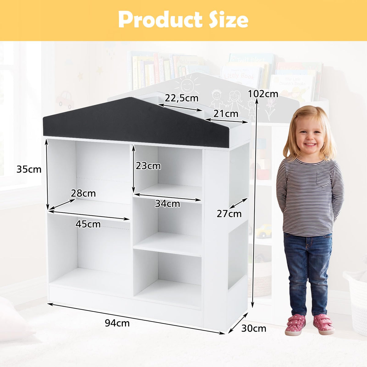 Kids Toy Storage Box House Shaped with Compartments and Chalkboard