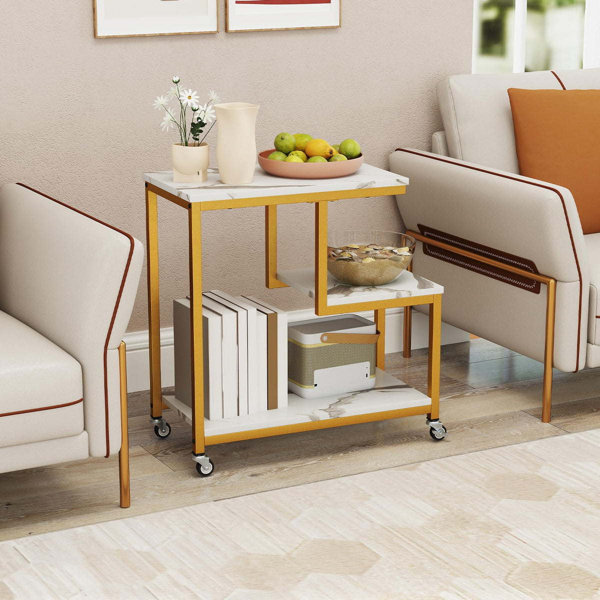 G-Shaped Side Table, 3-Tier Mobile End Table with Open Shelves